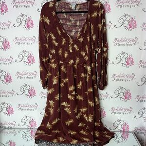 Ava & Viv Red Long Sleeve Sundress with V-Neck stretch smocked floral flowers